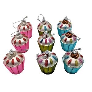Cupcake Glitter Sprinkles Glass Christmas Ornament Lot Of‎ 9